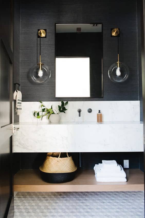 Take a peek at the design plan for our latest bathroom remodel: a black bathroom with wood vanity and gorgeous subway tile with splashes of marble!