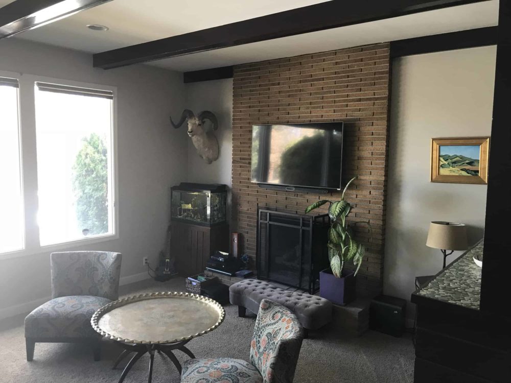 Brick Fireplace with TTV above fireplace and living room furniture