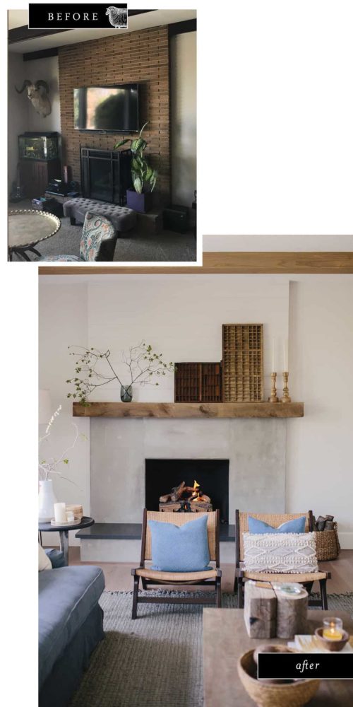 Before and after photo of brick fireplace transformation using cement and reclaimed wood