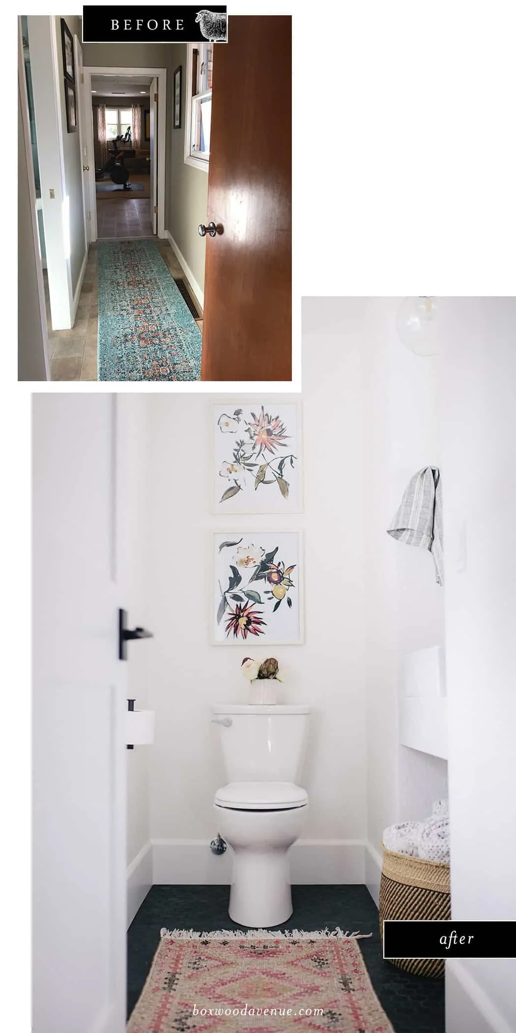 This small bathroom remodel takes shape in a former hallway! You’ll love this small bathroom renovation idea!