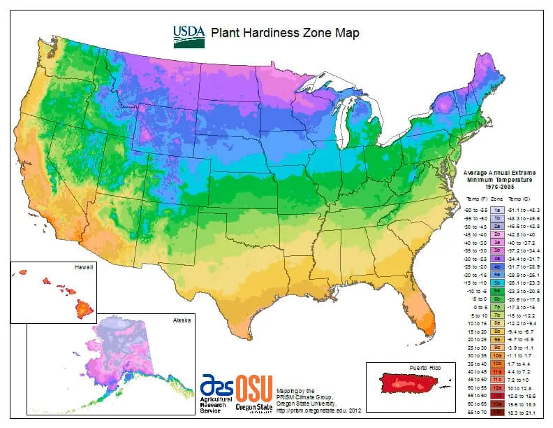 Map of USA showing gardening zone locations from USDA.