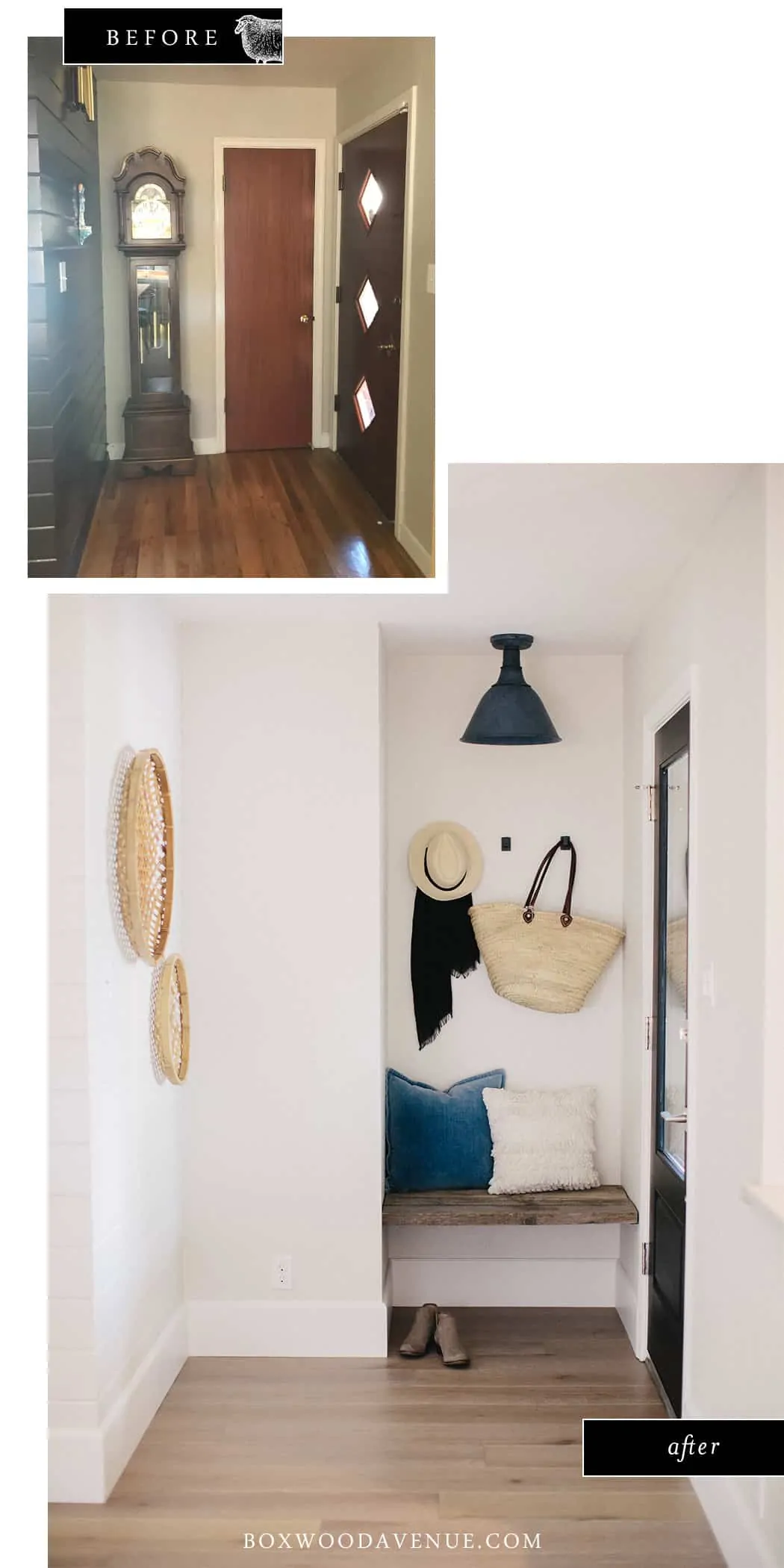 With just an old fence board and a little demo & paint, we turned this entryway into a bright and airy space with a built in bench seat! See how we updated this entryway by getting rid of the coat closet and adding a built in bench!