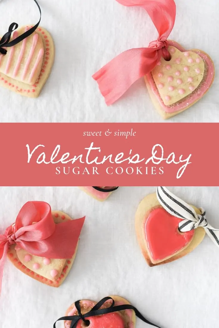 These Valentine’s Day sugar cookies are topped with simple royal icing and sprinkles and couldn’t be cuter! Use a little ribbon to turn these Valentine’s Day sugar cookies into the sweetest Valentine treat!