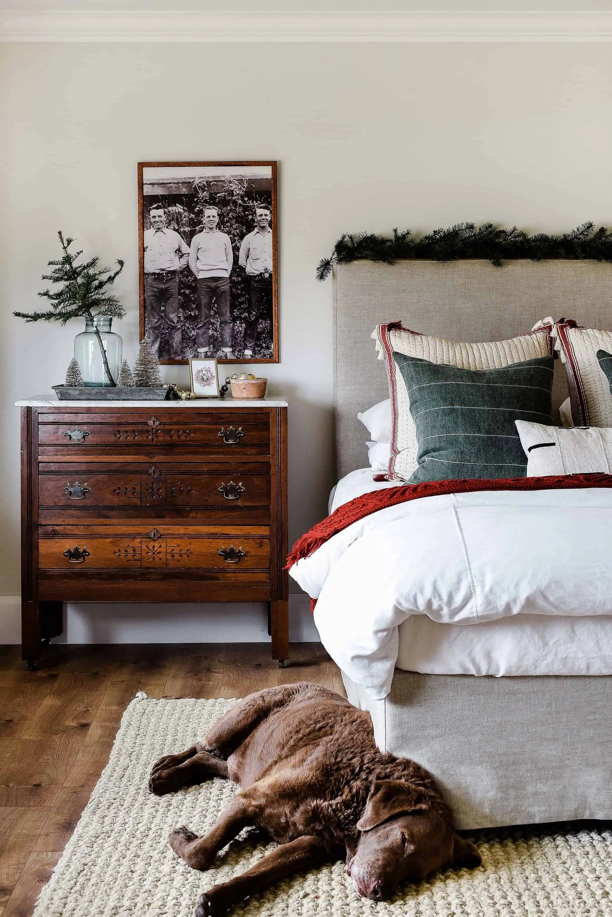 The stars of this Christmas bedroom are heirloom items found in our old farmhouse, I’ve repurposed them to fit with our modern aesthetic while keeping some of the old world charm. Come on in!