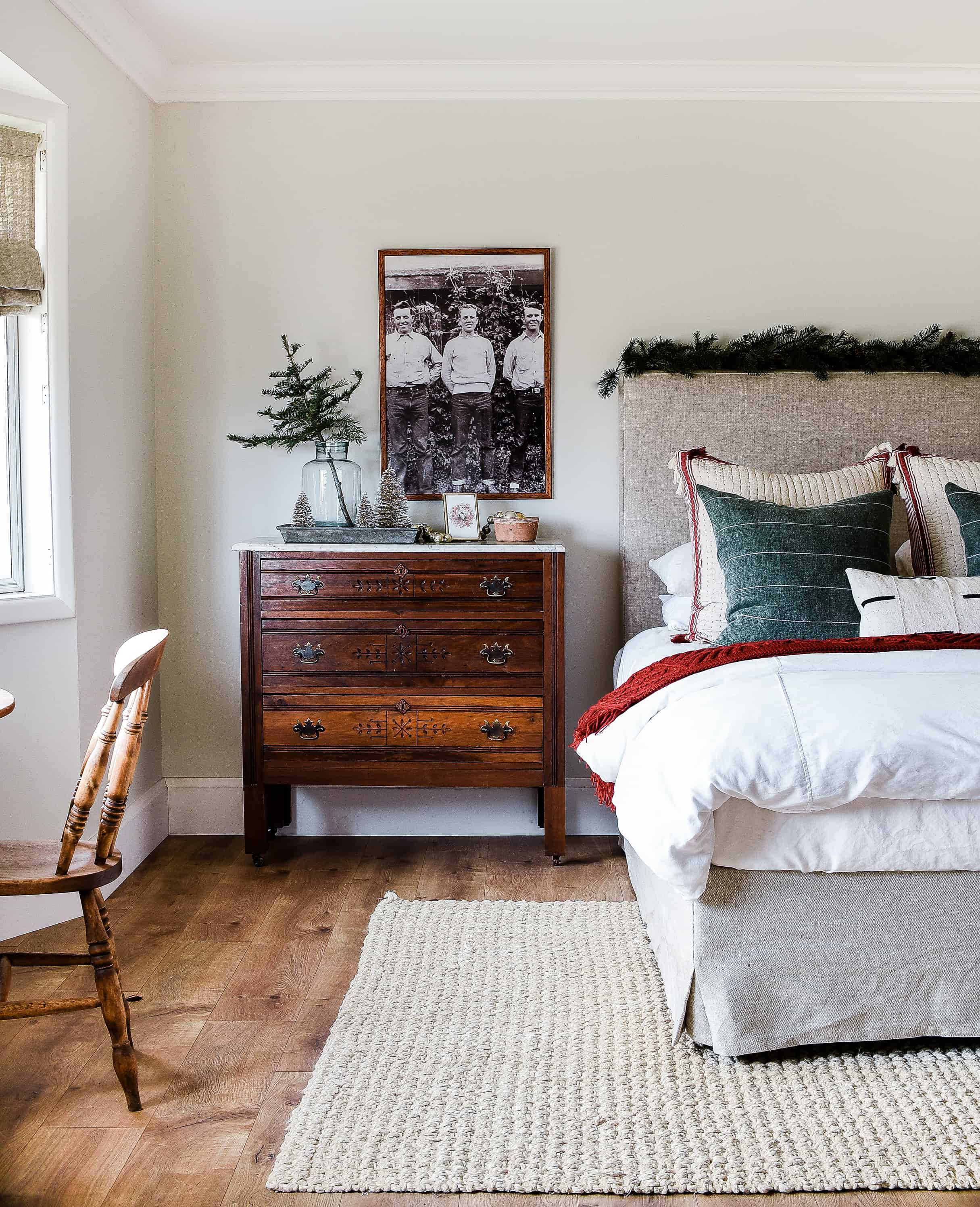 The stars of this Christmas bedroom are heirloom items found in our old farmhouse, I’ve repurposed them to fit with our modern aesthetic while keeping some of the old world charm. Come on in!