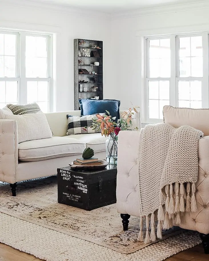 Some simple ways to update your living room this fall with farmhouse inspired decor and vintage touches!