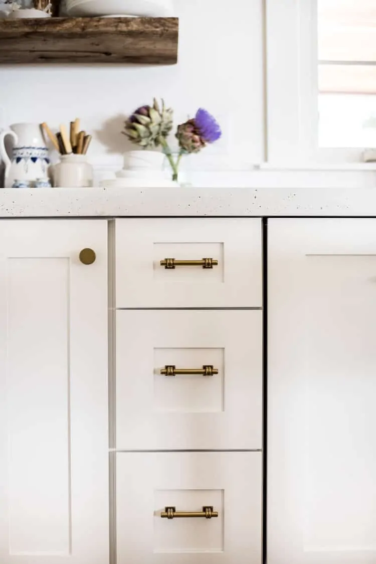 After months without it, we finally have cabinet hardware! We are loving these classic brass pulls from The Home Depot!  #brasscabinethardware #kitchencabinets #kitchencabinethardware #modernfarmhousecabinethardware #kitchenremodel