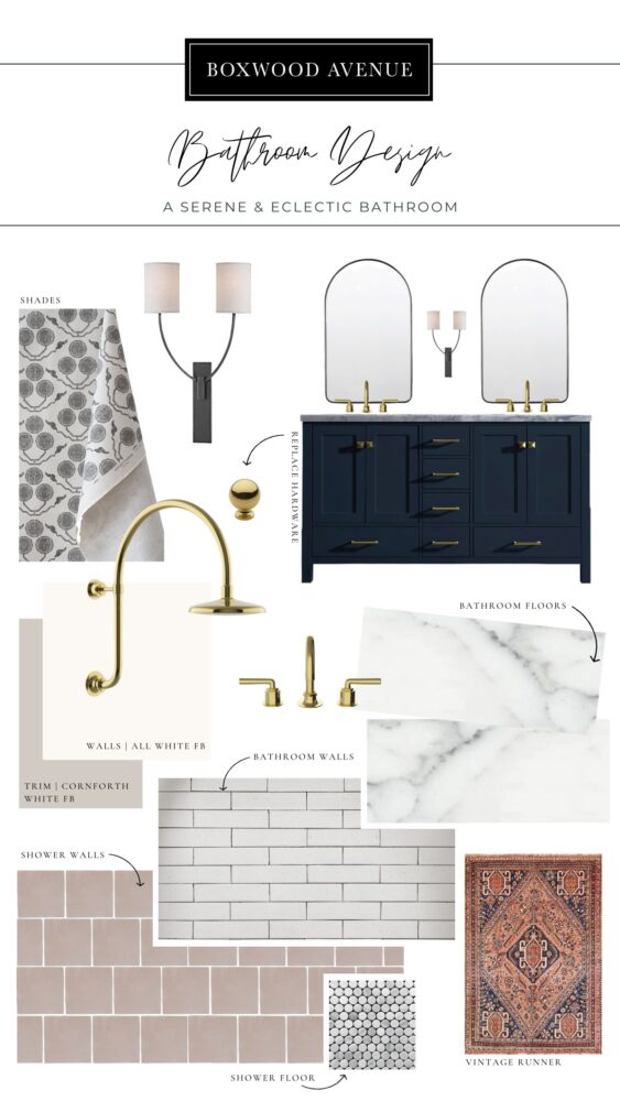 Design board for a serene bathroom design idea from Boxwood Avenue