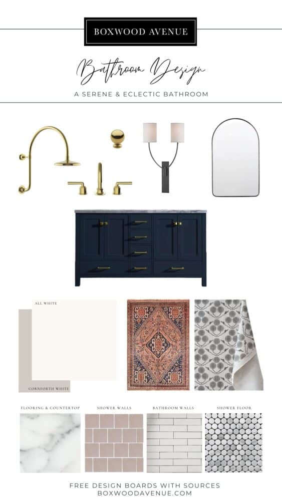 Design board for a serene bathroom design idea from Boxwood Avenue