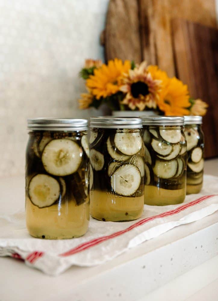 Row of canned bread and butter pickles