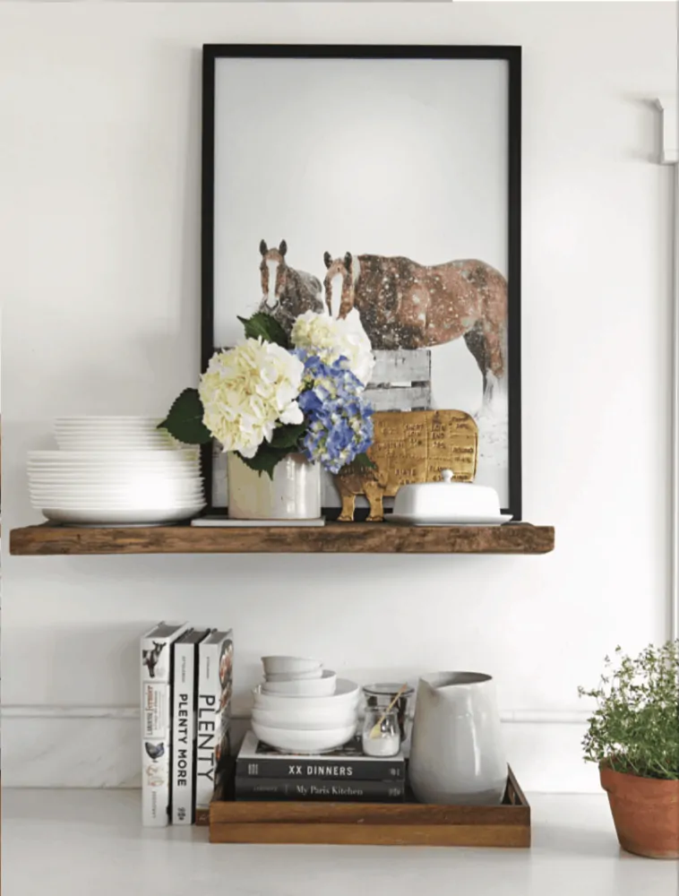 Picture of horse on floating shelf in farmhouse kitchen