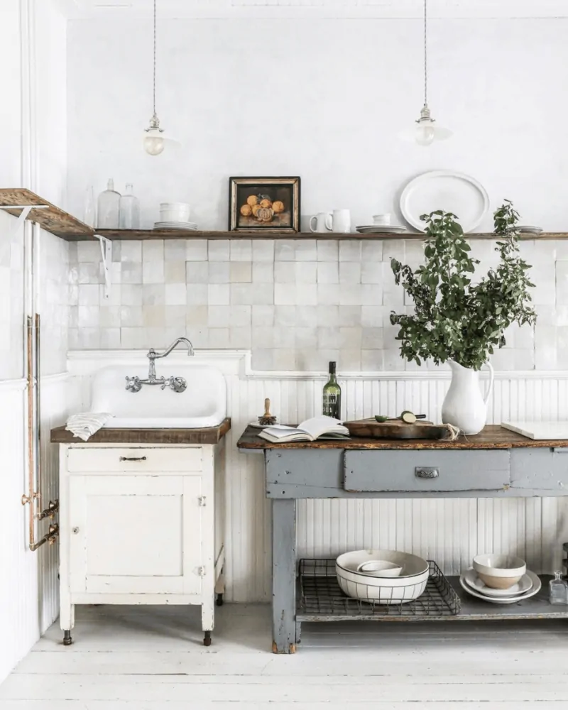 Beautiful kitchen with cle tile and open shelving designed by This Old Hudson