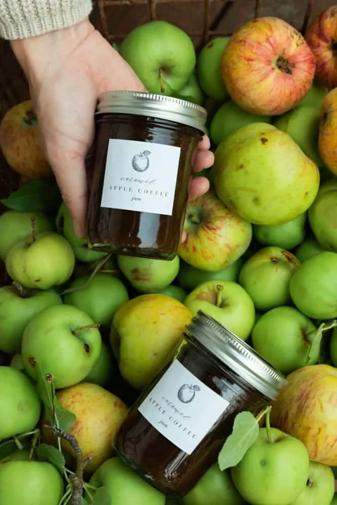 Apple preserves in mason jar in front of basket of apples