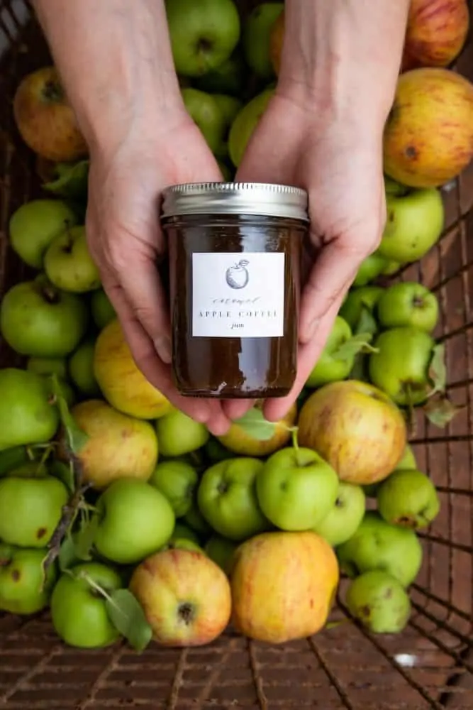 Apple preserves in mason jar in front of basket of apples