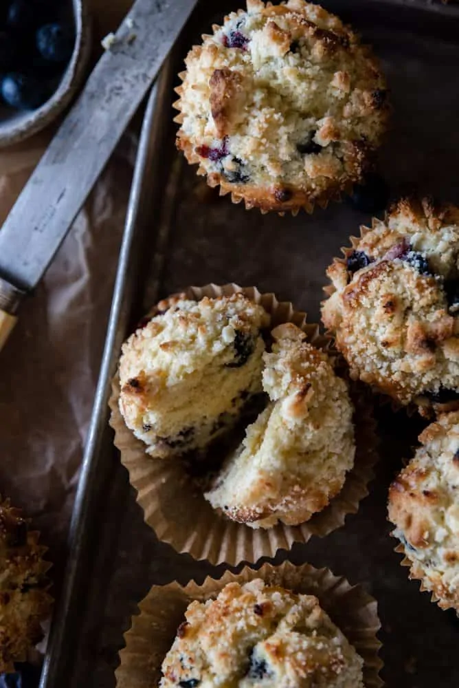 blueberry muffins on tray