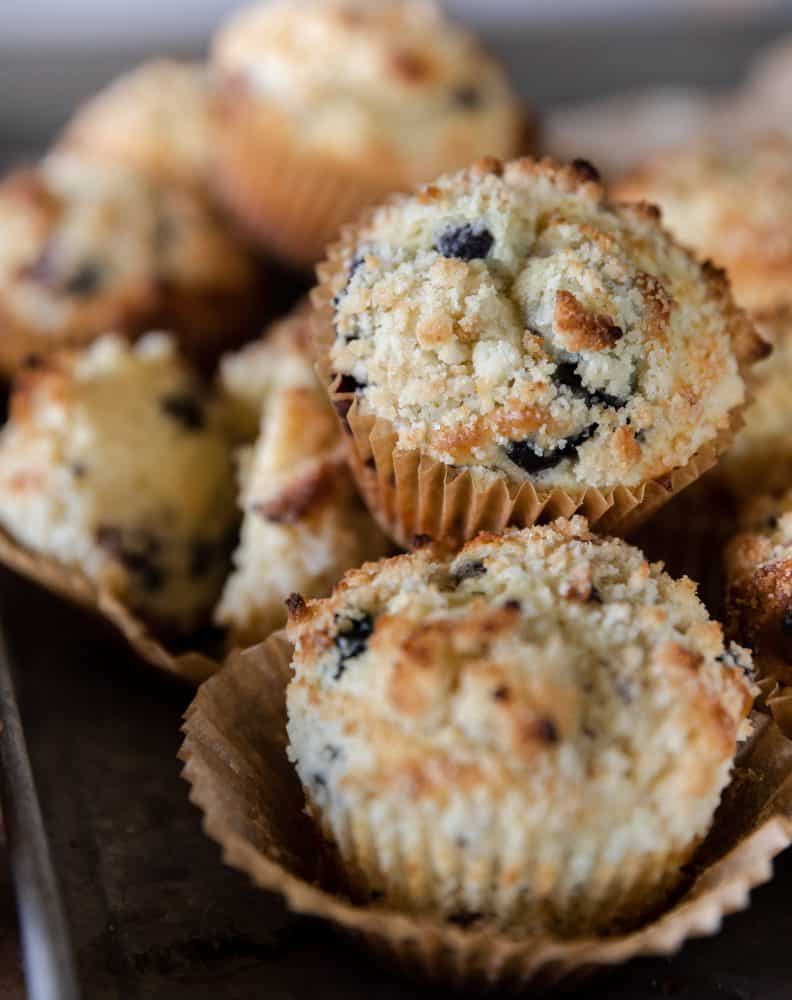 blueberry muffins on tray