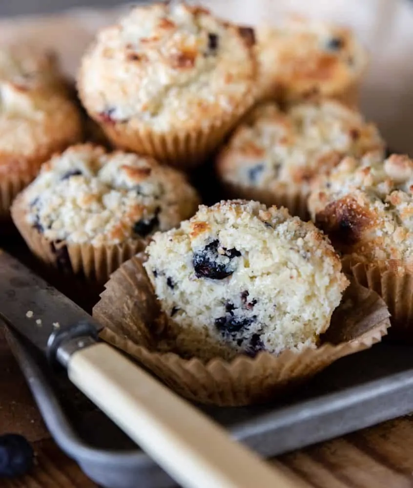 blueberry muffins on tray