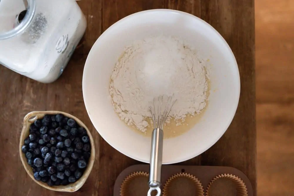 blueberry muffin batter in mixing bowl