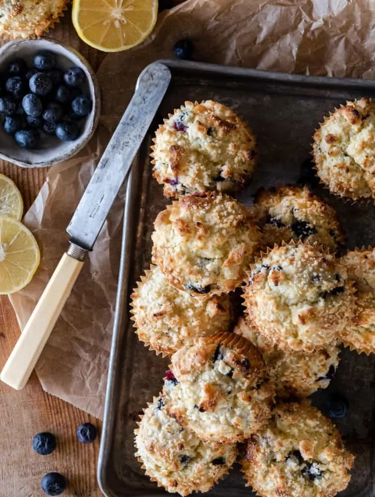 blueberry muffins on tray