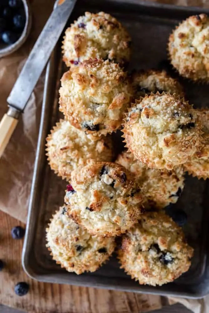 blueberry muffins on tray