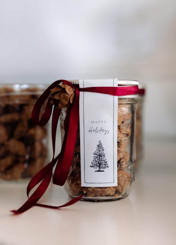 Mason Jar with Candied Almonds and Gift Tag with Red Ribbon