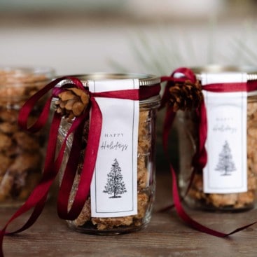 Mason Jar with Candied Almonds and Gift Tag with Red Ribbon