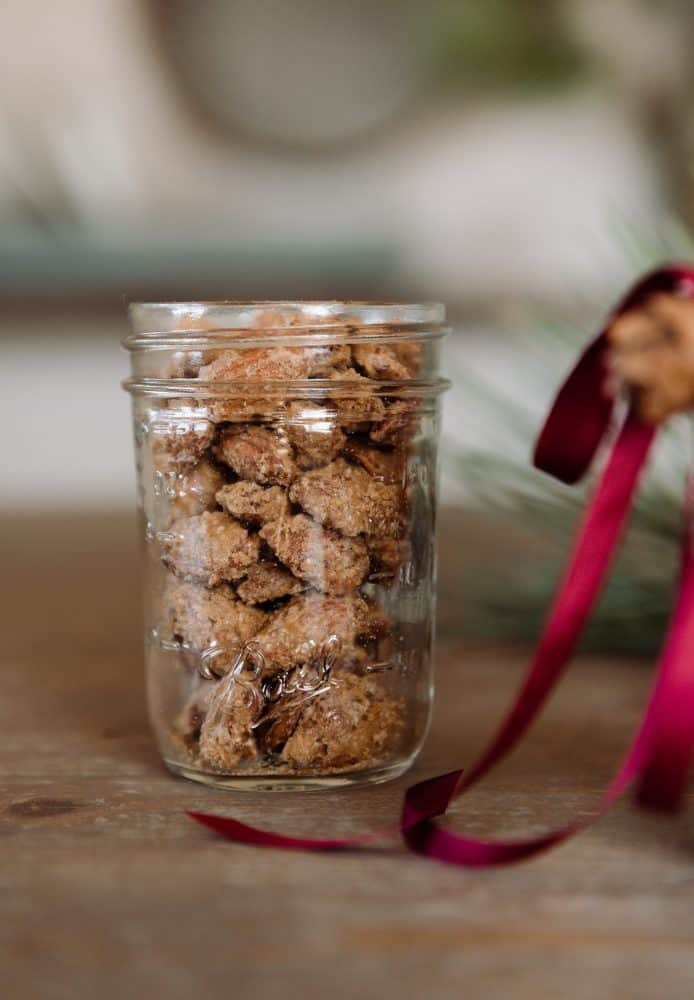 Mason Jar with Candied Almonds with Red Ribbon