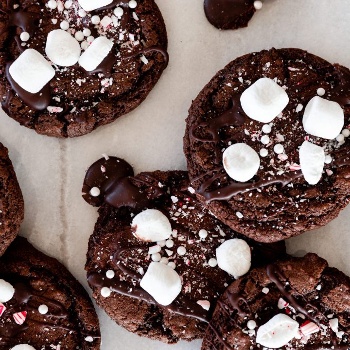 Hot Cocoa Cookies with Marshmallows and Crushed Candy Cane