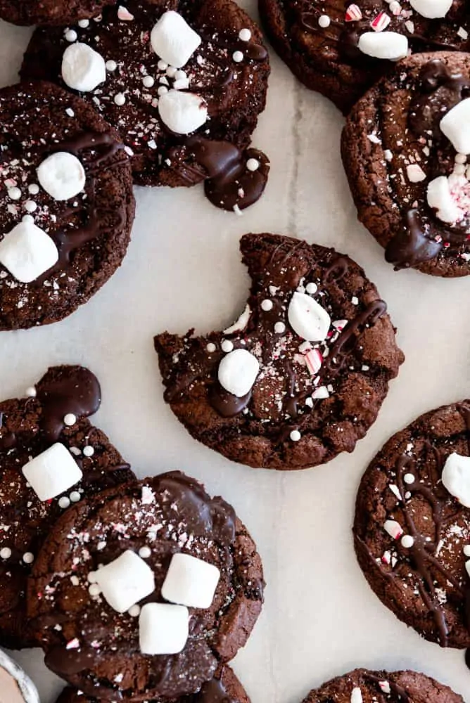 Hot Cocoa Cookies with Marshmallows and Crushed Candy Cane