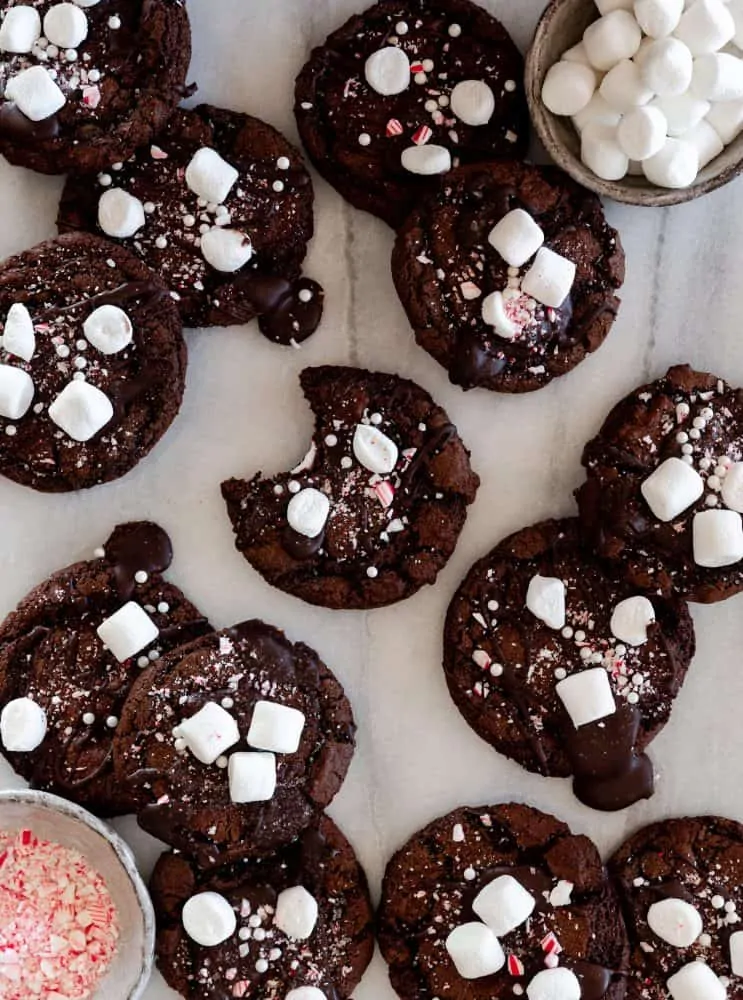 Hot Chocolate Cookies with Marshmallows and Crushed Candy Cane