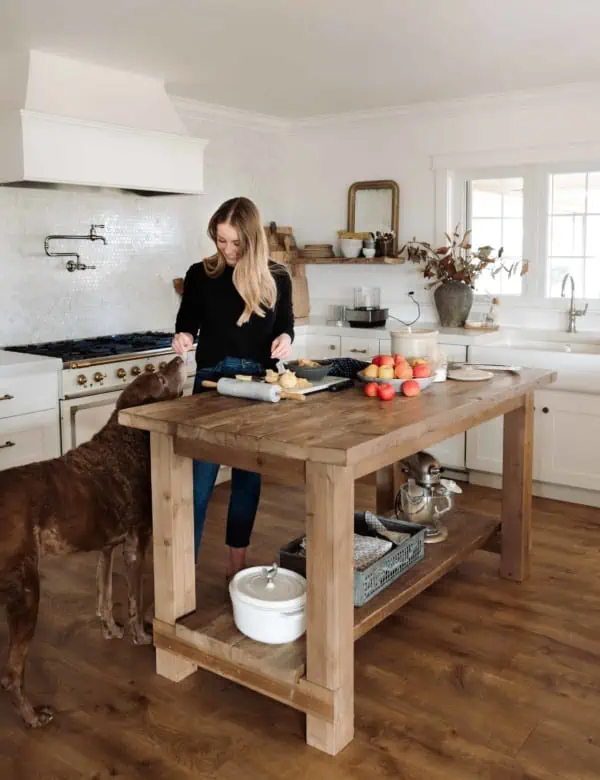 Girl at wood island in farmhouse kitchen giving brown dog a treat