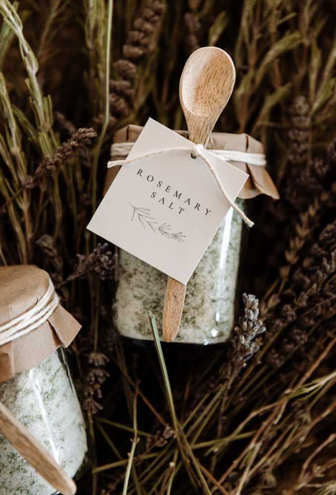 Jar of Rosemary Salt in Ball Canning Mason Jar with Gift Label and Small Wood Spoon