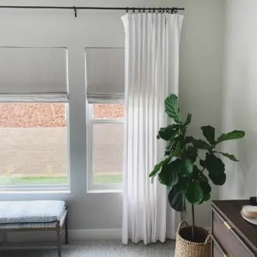 White curtains in bedroom with grey walls and fiddle leaf fig tree.