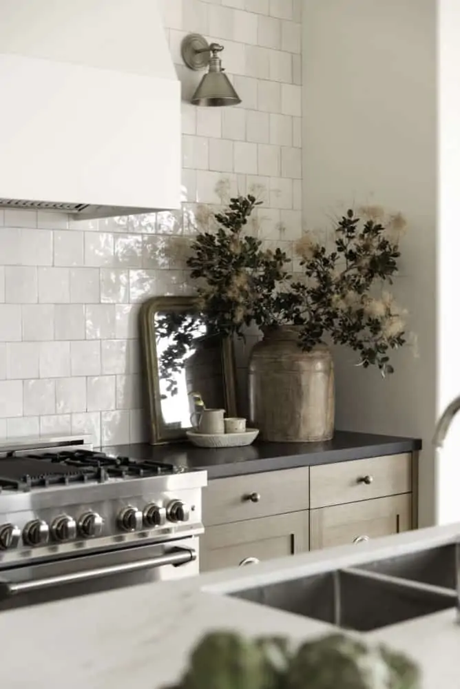 Dream kitchen design with white oak cabinets and white backsplash tile.