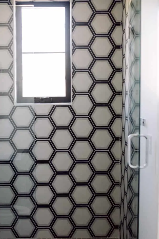 Shower with Grey and Black Pattern Wall Tile