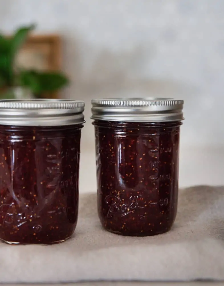 Two mason jars of canned fig jam.