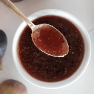Spoon scooping up fig jam from a white bowl
