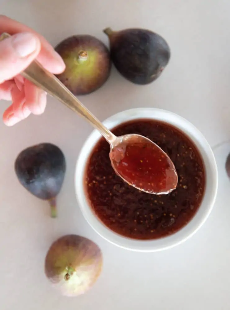 A scoop of fig jam from a white kitchen bowl.