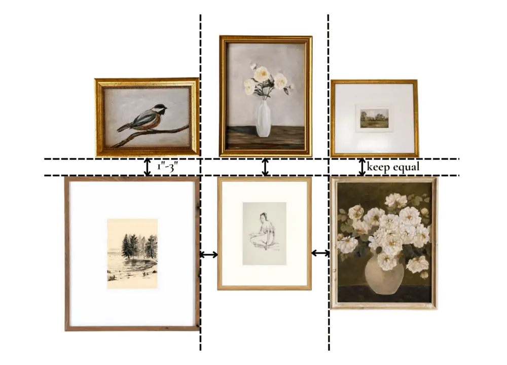 6 frames with measurements showing how to hang a gallery art wall