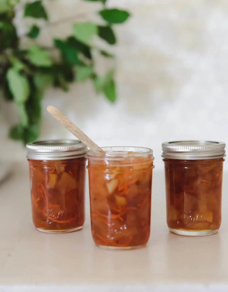 3 ball canning jars filled with carrot cake jam, the front most jar is open with a wooden spoon sticking out and plant in the background