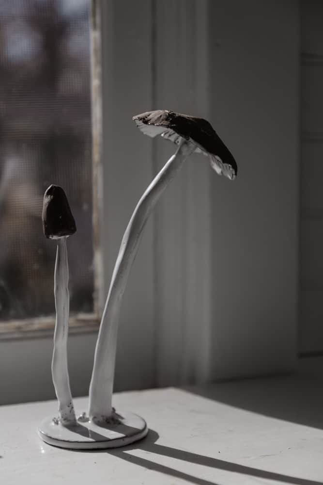 white french ceramic mushroom sculpture in front of a window
