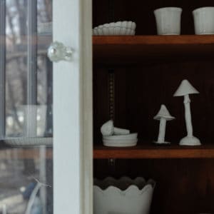 Opened glass bookcase door with wood shelves filled with white french pottery pieces.