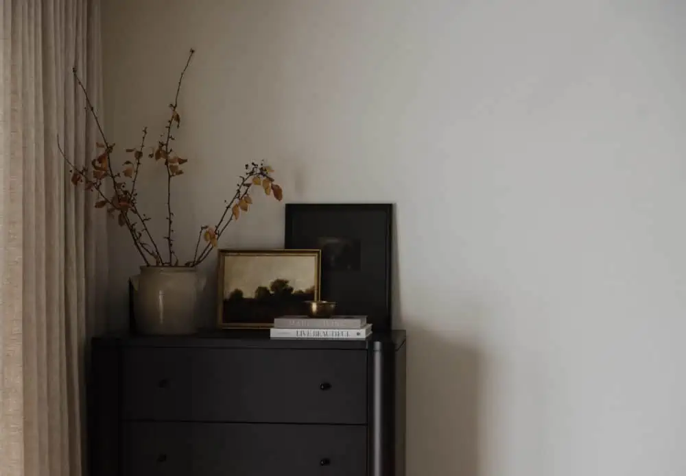 tall black dresser in a bedroom corner with linen curtain, ceramic pottery vase with tree branches inside, stacked books, and artwork.