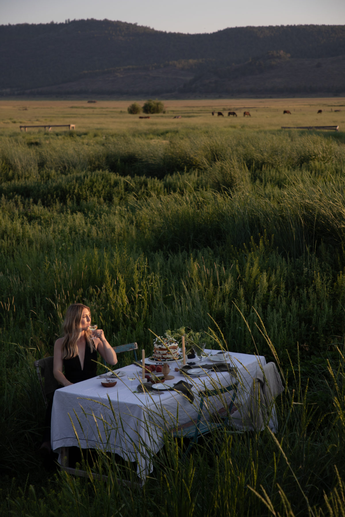 a woman sitting at a white cloth covered table in the middle of a field with a cake and drinks on the table