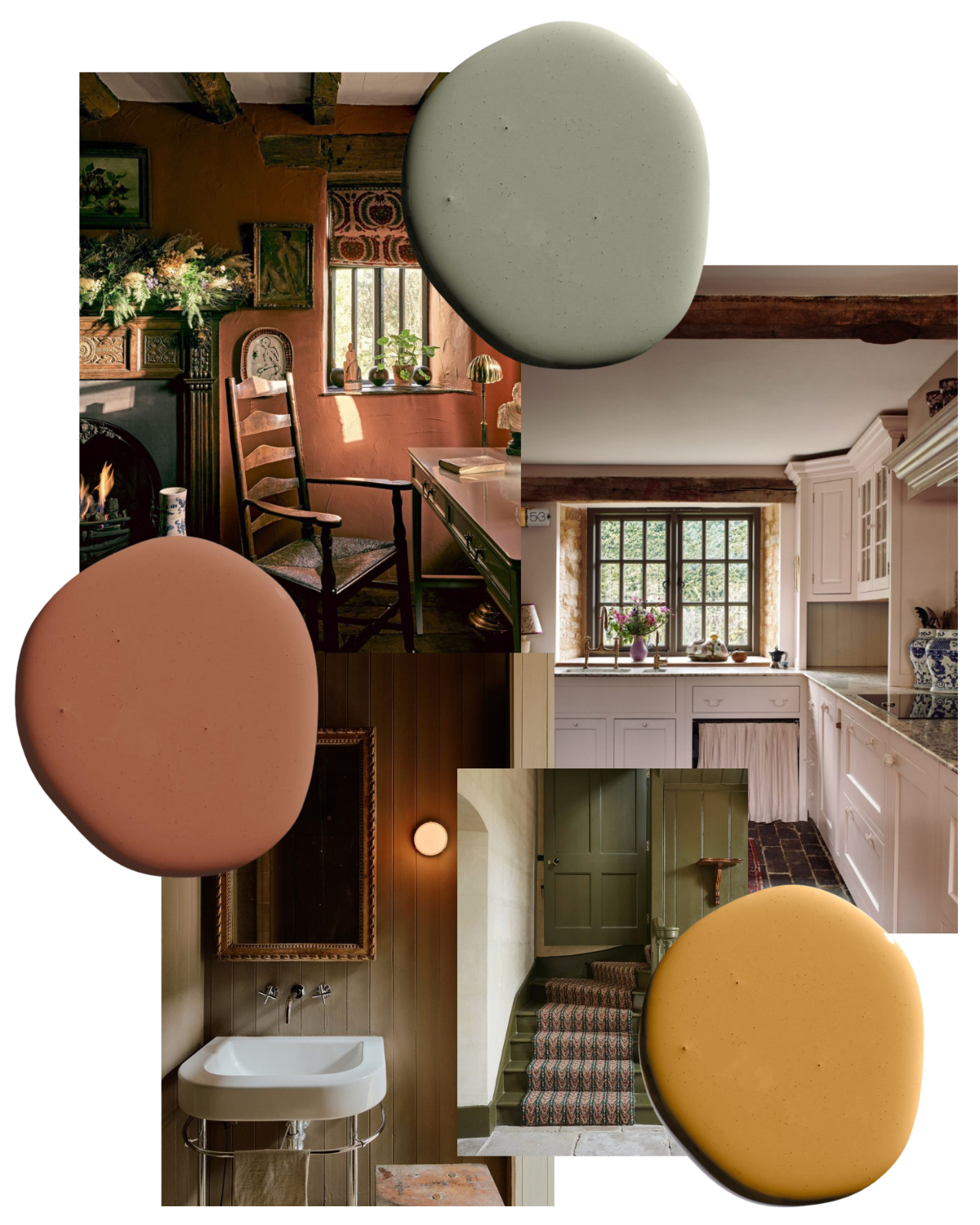 Collaboration of images showcasing different paint colors and color schemes throughout different interior images of homes.
