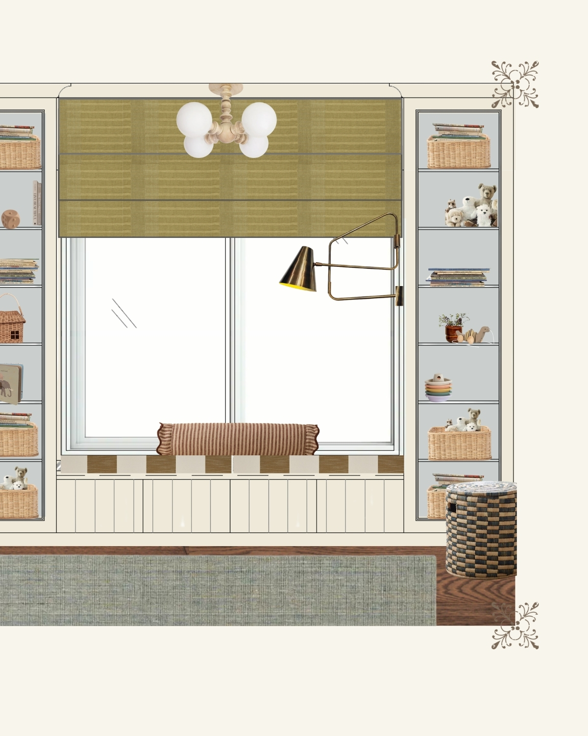 Shelving, built-ins, window coverings, and design for a Nursery