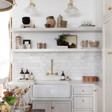 Greige Paint Color in a farmhouse kitchen.