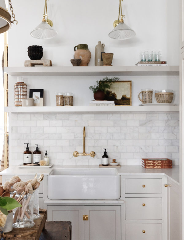 Greige Paint Color in a farmhouse kitchen.