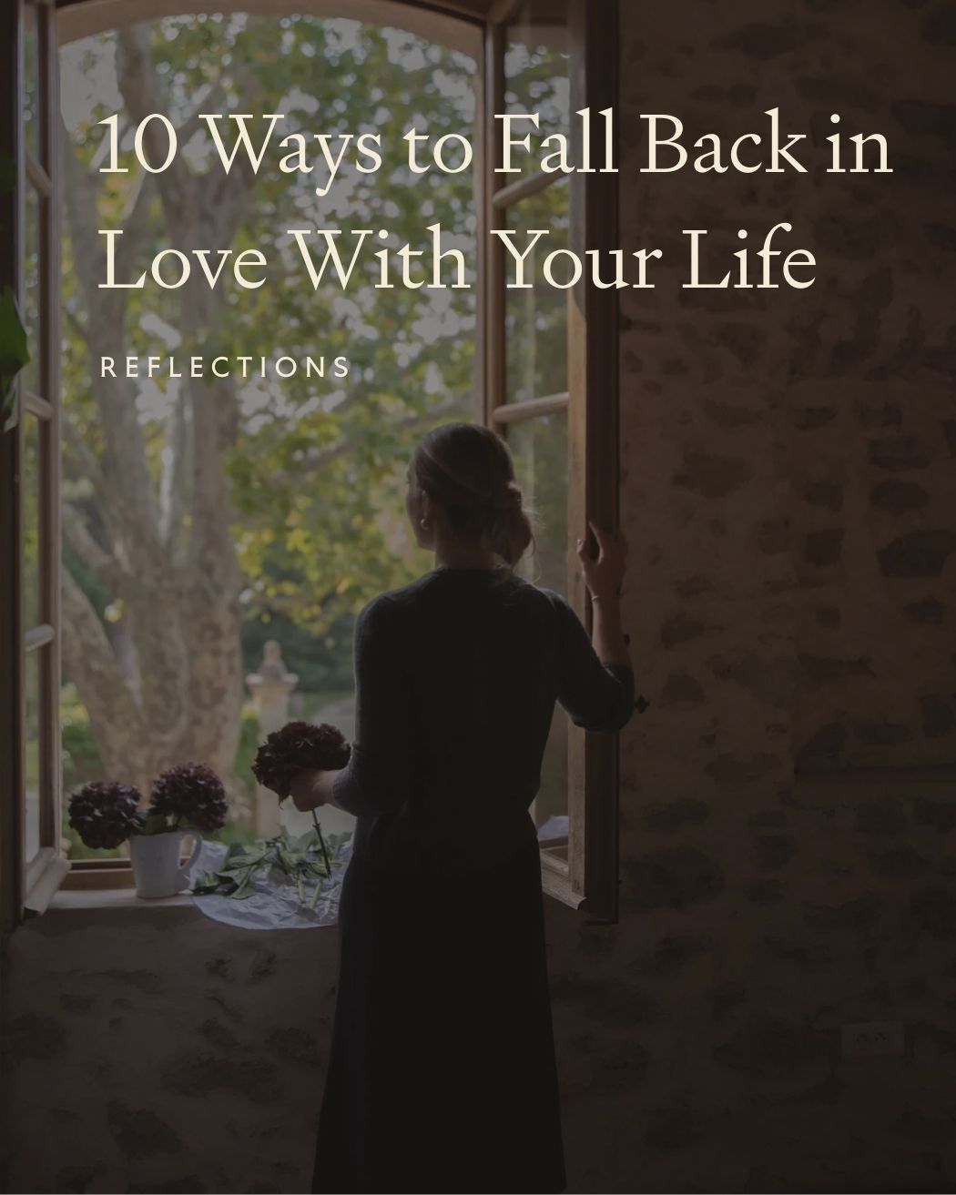 Text Overlay on top of image of woman looking out of window of a French chateau